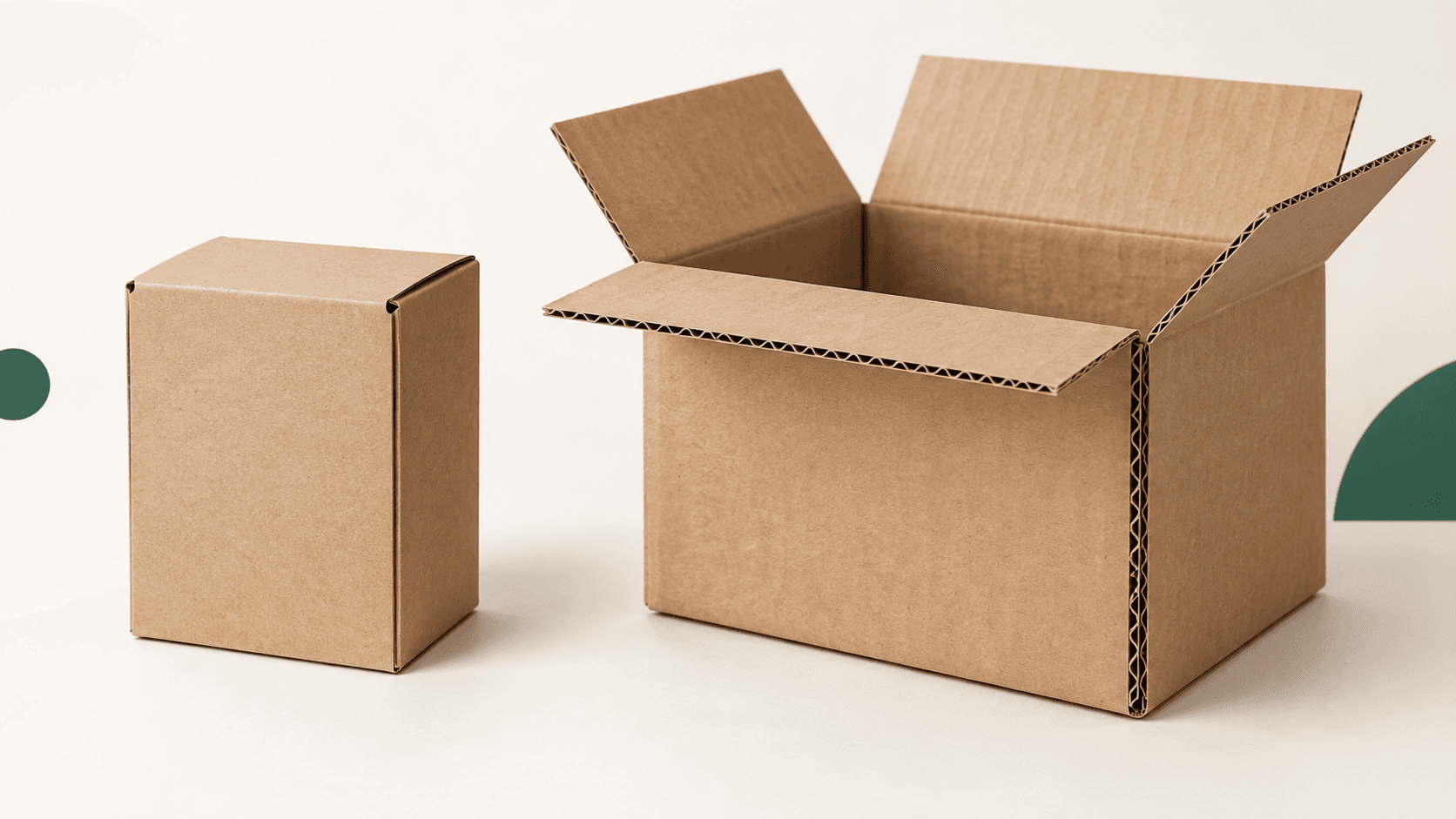 Natural kraft folding carton beside an open corrugated shipping box with visible fluting